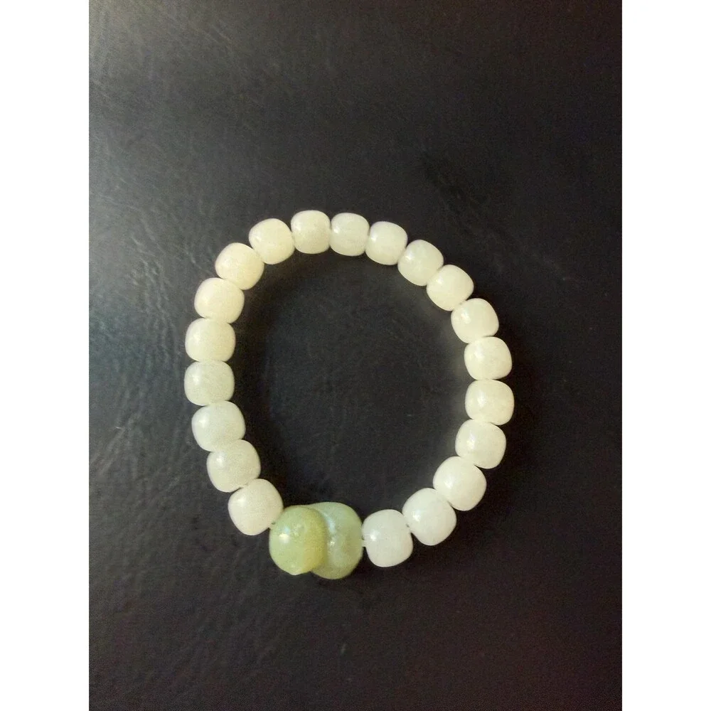 White Icy Jade Barrel Bracelet with Natural Green Jade Cat Charm Untreated Jade